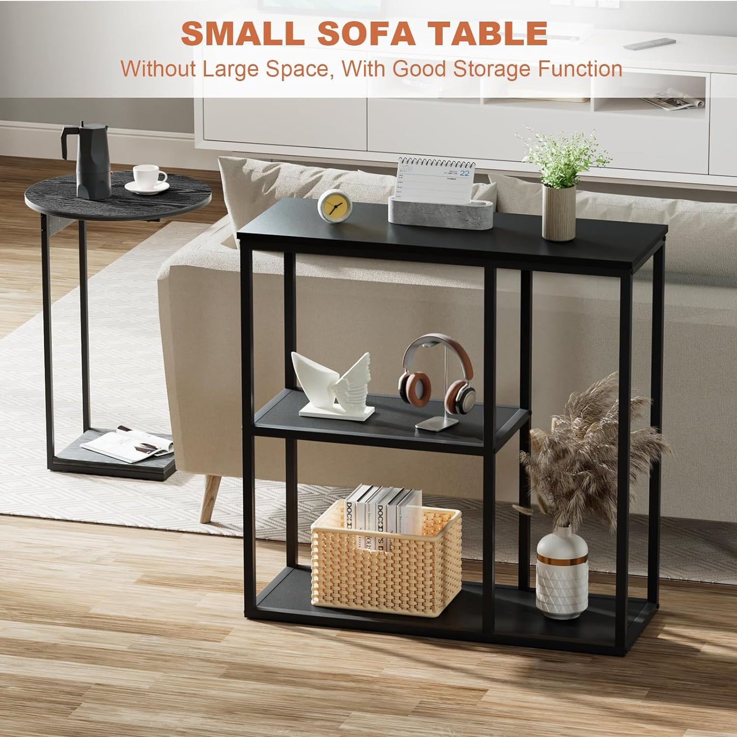 Console Table, 12'' Narrow Entryway Table for Living Room, 31.5'' X 31.5'' Black Industrial Sofa Table with 3-Tier Storage Shelves for Corridor, Hallway, Black