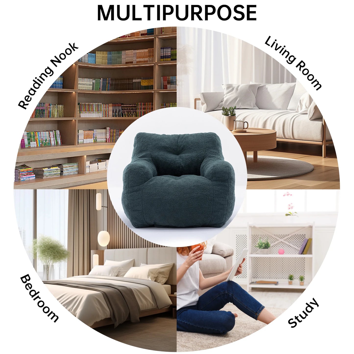 Bean Bag Chairs, Soft Tufted Foam Lazy Sofa with Teddy Fabric for Dorm Bedroom Living Room, Single Leisure Accent Sofa Chair for Adults Teens, Green