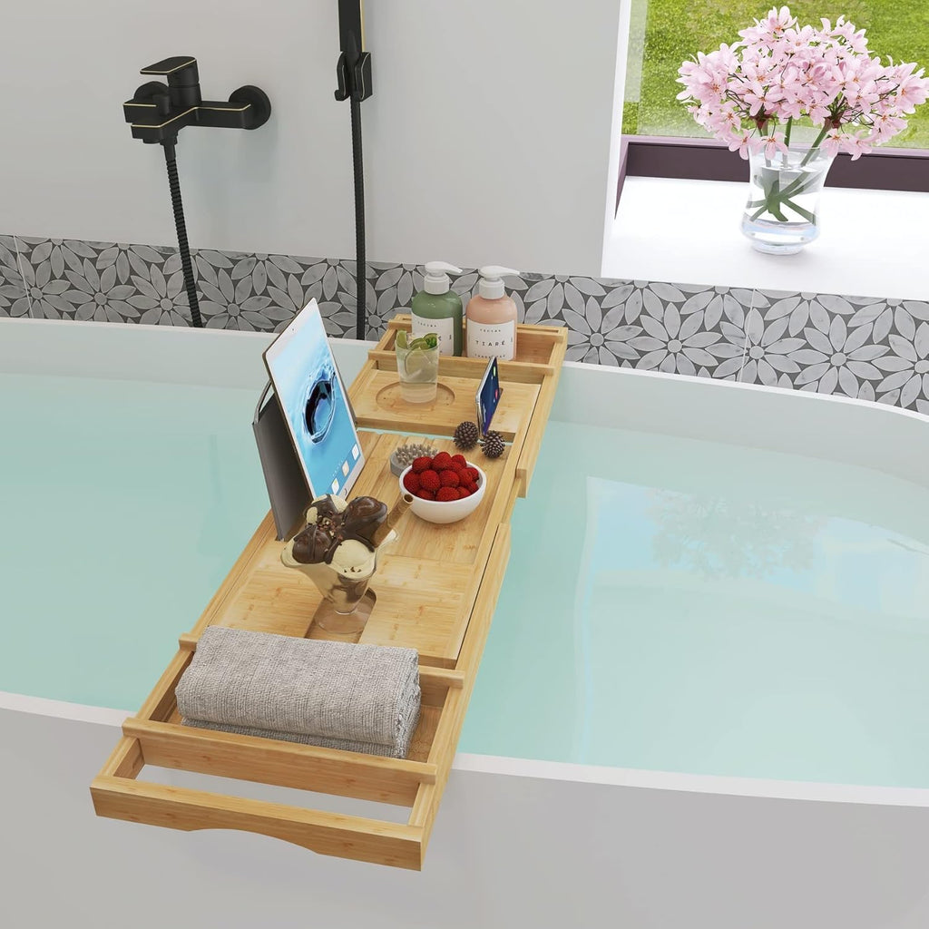 Bamboo Bathtub Caddy Tray, Expandable Bath Table over Tub for 1-2 Person, Luxury Bath & Bed Tray with Wineglass Book & Free Soap Holder (Natural)
