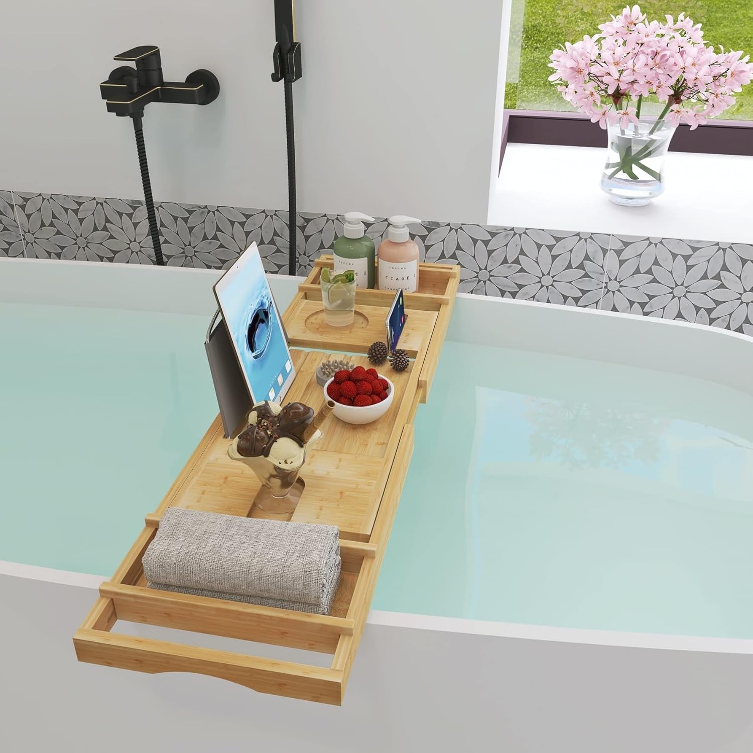 Bamboo Bathtub Caddy Tray, Expandable Bath Table over Tub for 1-2 Person, Luxury Bath & Bed Tray with Wineglass Book & Free Soap Holder (Natural)