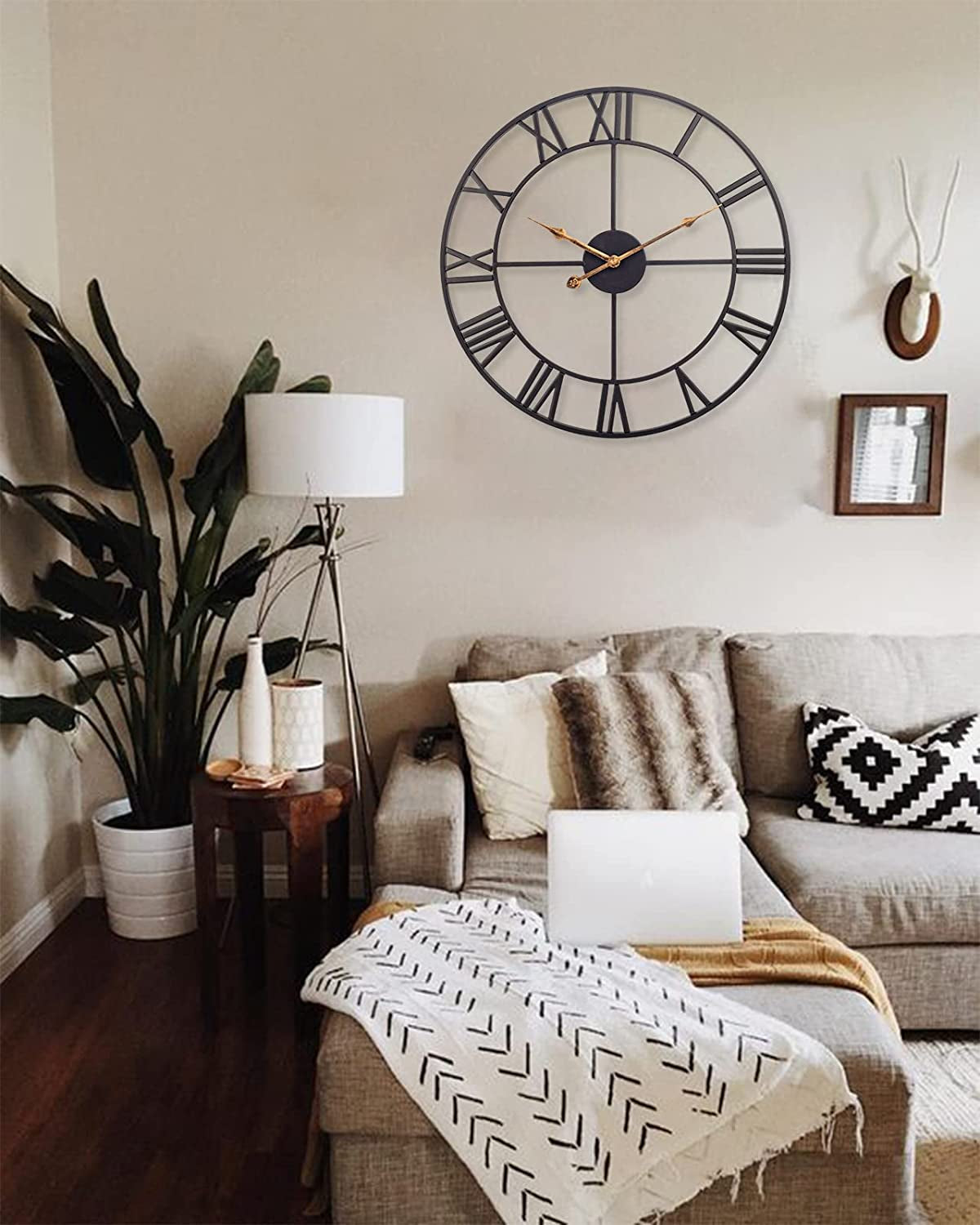 24 Inch Large Wall Clock, Silent Non Ticking Battery Operated Industrial Wall Clock with Roman Numerals, Vintage Metal round Decorative Indoor Outdoor Clock for Living Room, Kitchen, Patio - Black