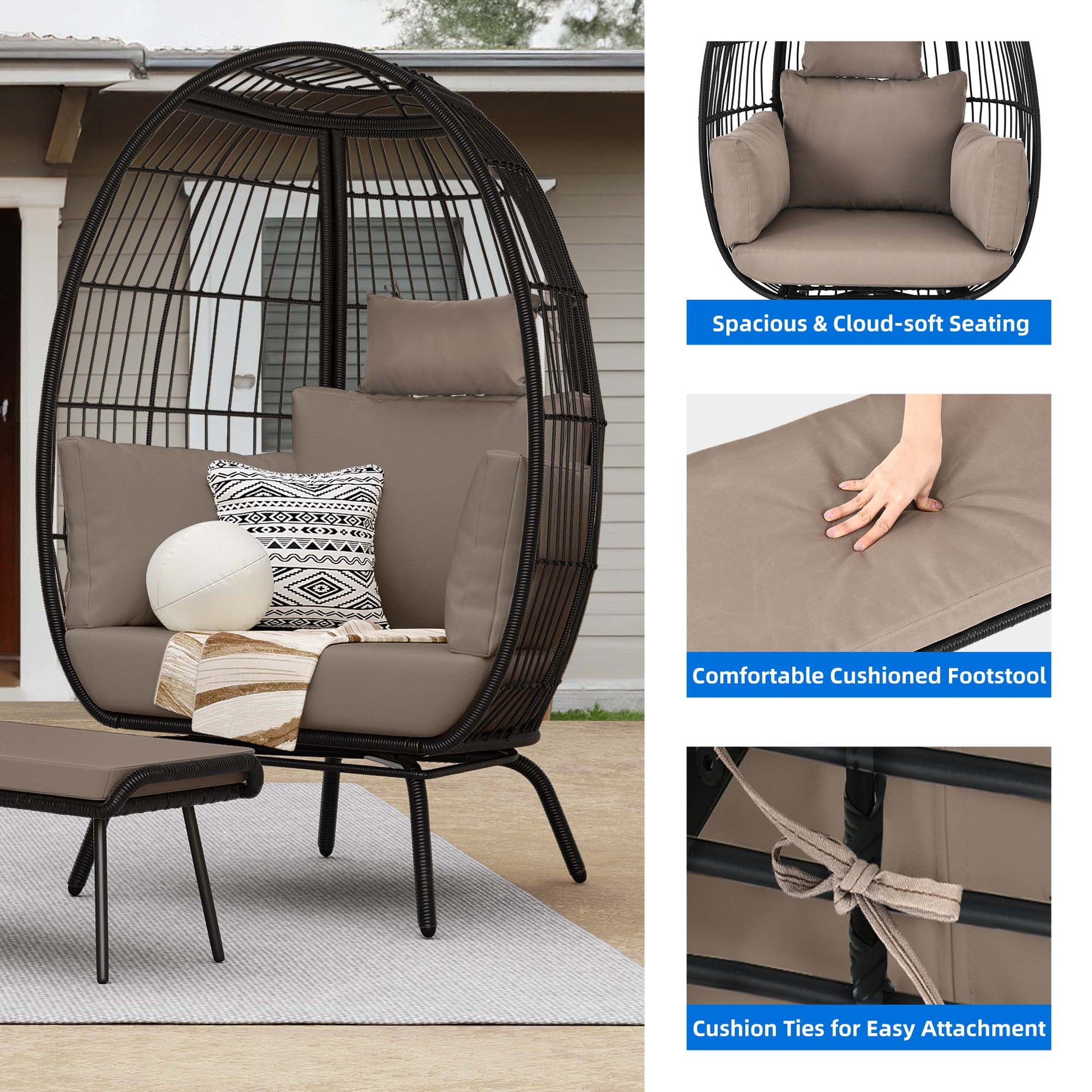 Egg Chair with Footstool, Outdoor Oversized Egg Lounger Chair with Stand, Cushion, Wicker Chair for Patio, Garden, Backyard, Porch - Black & Brown