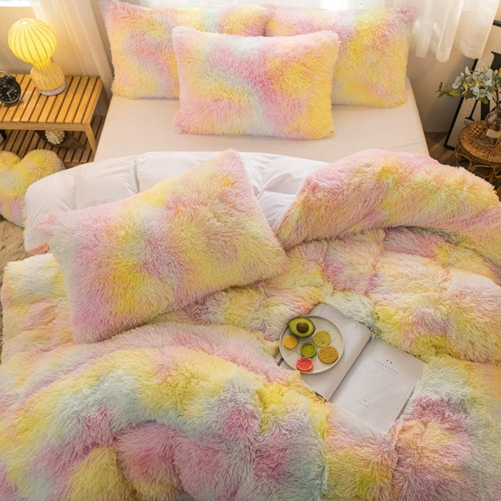 5 PCS Plush Shaggy Duvet Cover Sets, Luxury Shag Fluffy Comforter Cover Fuzzy Bedding Set - Long Faux Fur Ultra Soft Cozy (Ice Cream, King/California King)