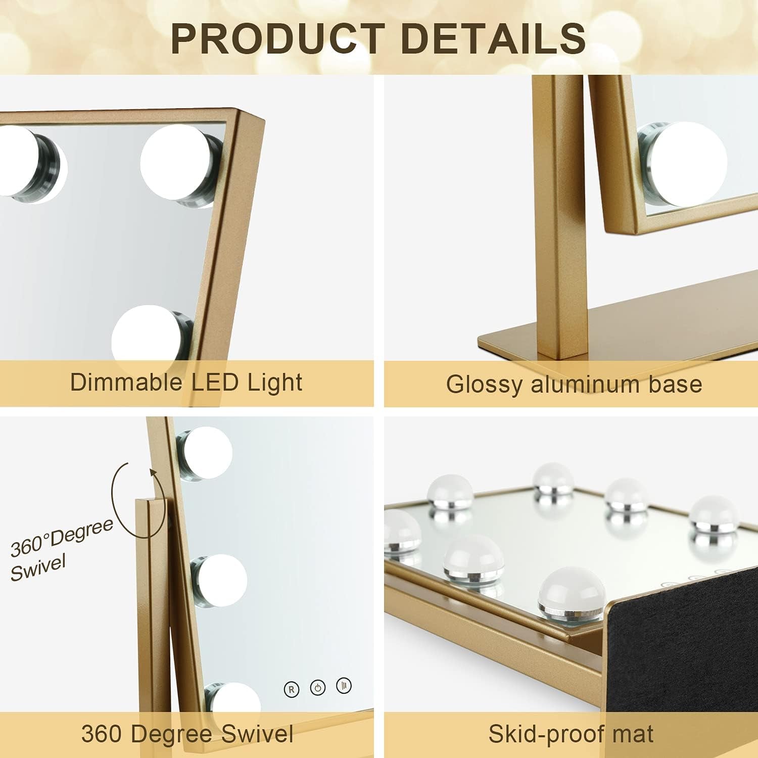 Hollywood Mirror with Lights, Vanity Mirror with Lights, Tabletop Mirror with Dimmable LED Lights，3 Color Model (Gold, 16.3 X 13.4)