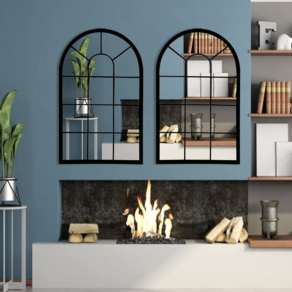 Wall Mirror Window Decorative Mirrors Arched Farmhouse for Living Room Bedroom Entryway Bathroom Vanity (Black,41.3”X 24” X1”)