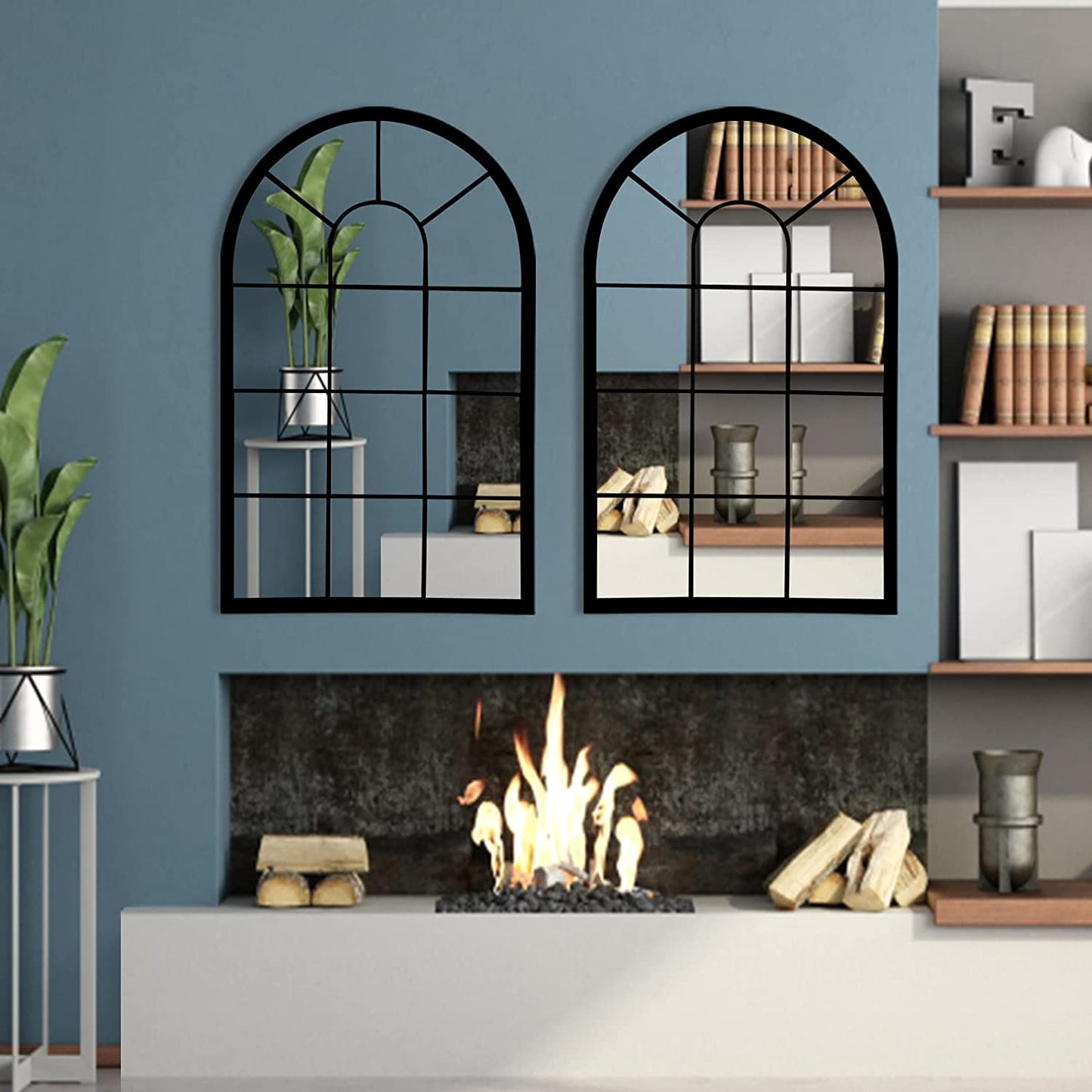 Wall Mirror Window Decorative Mirrors Arched Farmhouse for Living Room Bedroom Entryway Bathroom Vanity (Black,41.3”X 24” X1”)