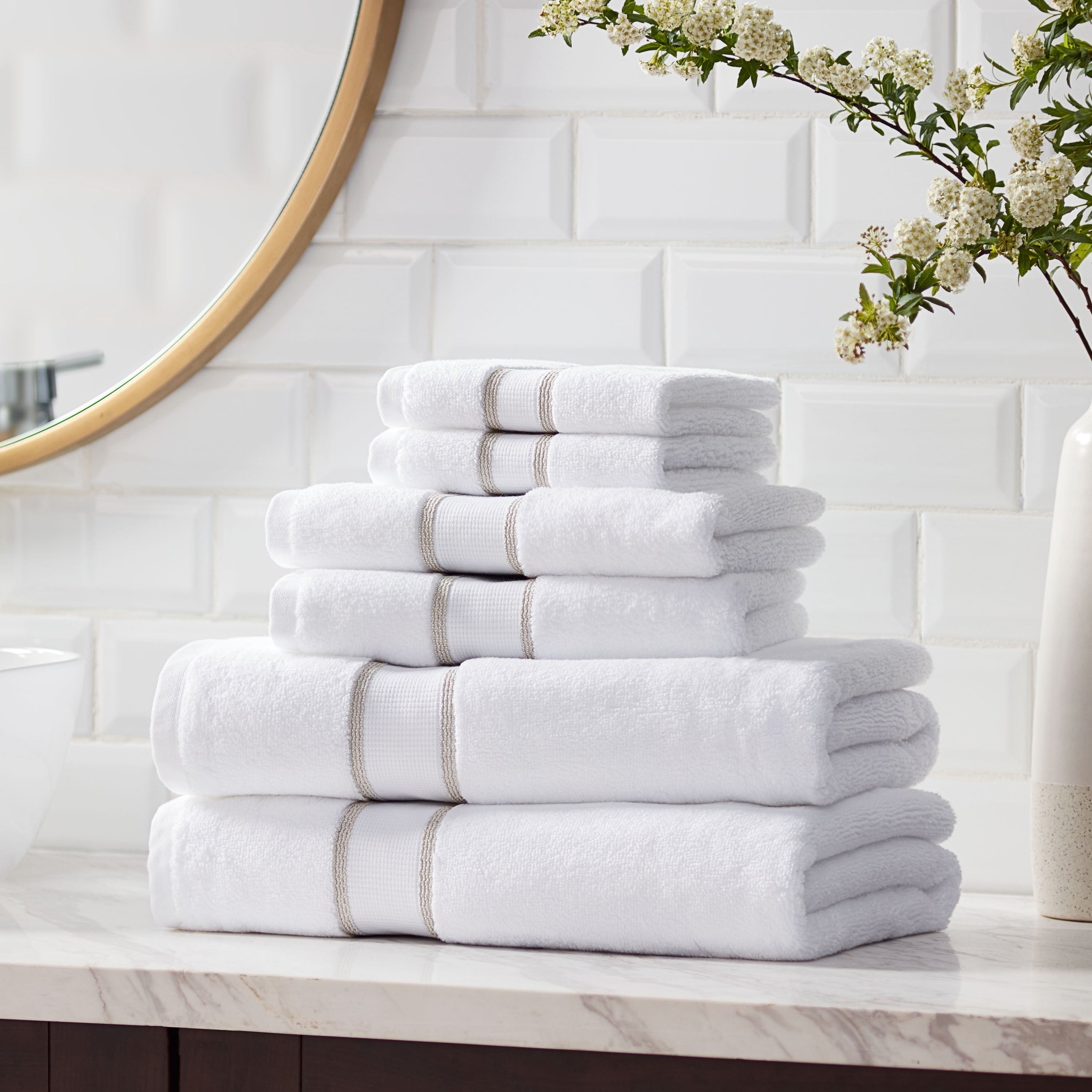 6-Piece Egyptian Cotton Striped Bath Coordinate Towel Set, Birchwood