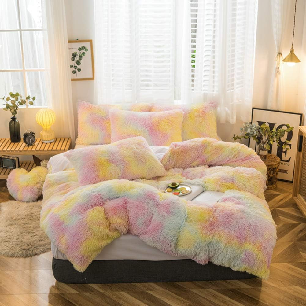 5 PCS Plush Shaggy Duvet Cover Sets, Luxury Shag Fluffy Comforter Cover Fuzzy Bedding Set - Long Faux Fur Ultra Soft Cozy (Ice Cream, King/California King)