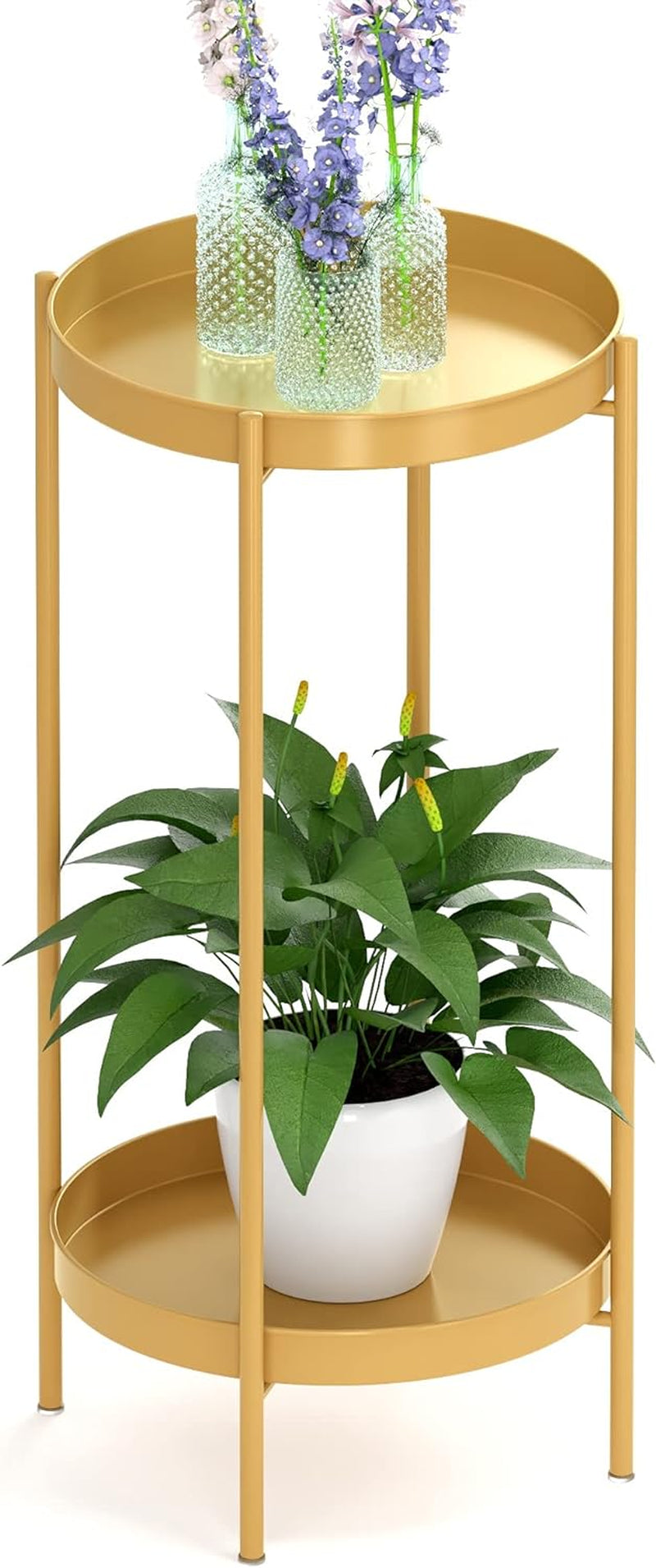 Plant Stand Indoor Outdoor - Flower Pot Holder Metal Plant Rack Organizer, 2 Tiers Tall Plant Display Storage Shelf Table for Home Garden Patio Bathroom Office Living Room Balcony Corner (Gold)