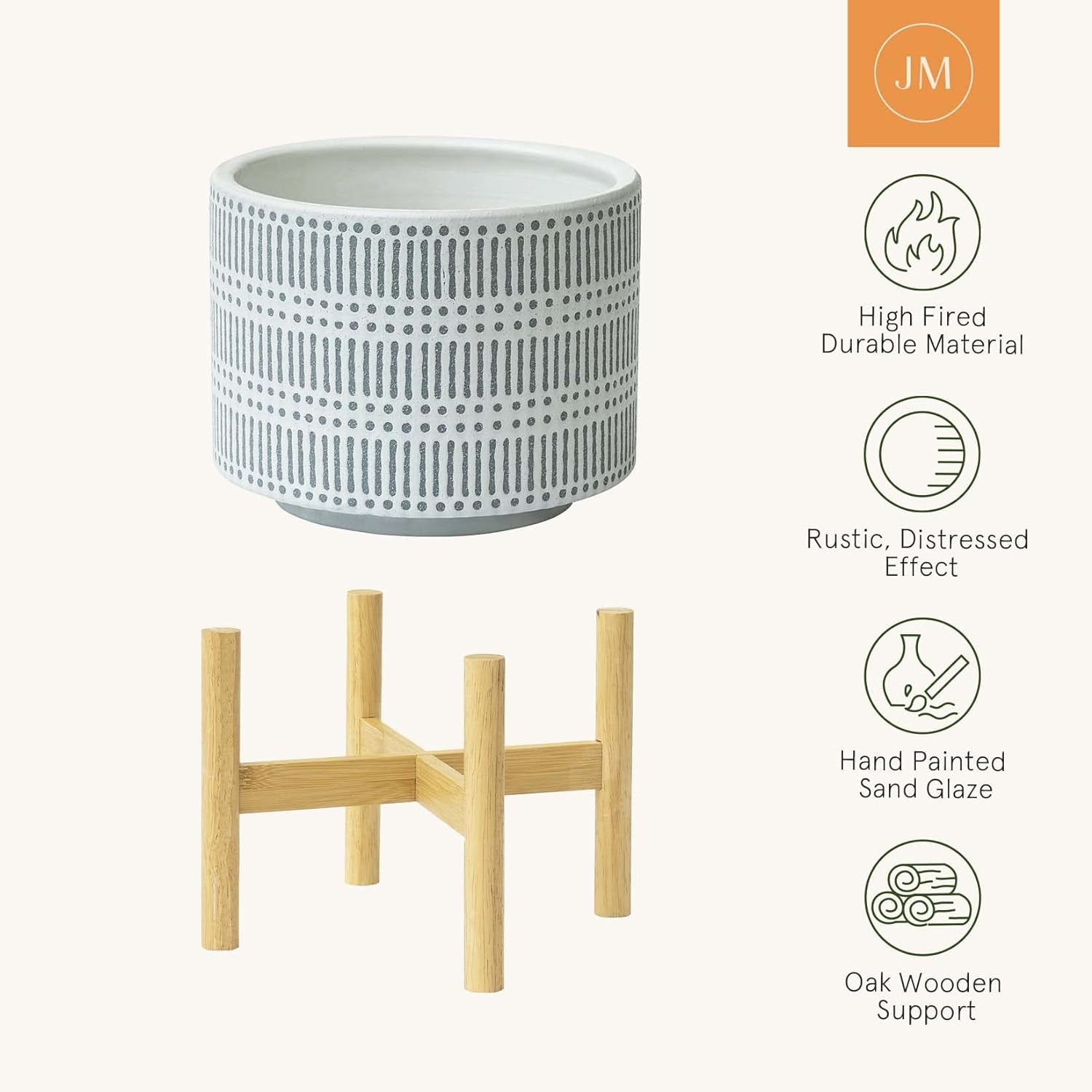 Ceramic Plant Pot with Wood Stand - 7.3 Inch Modern round Decorative Flower Pot Indoor with Wood Planter Holder, Slate Blue and White