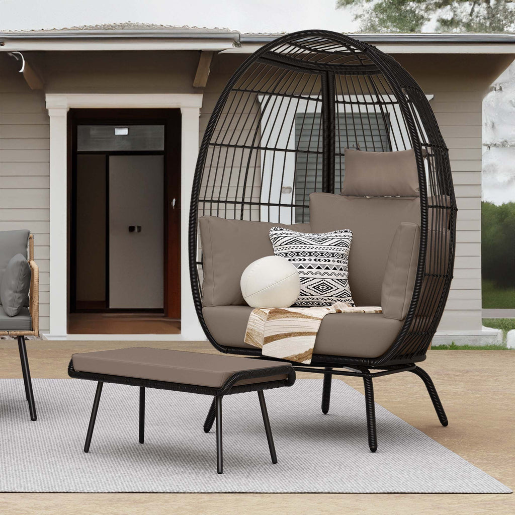 Egg Chair with Footstool, Outdoor Oversized Egg Lounger Chair with Stand, Cushion, Wicker Chair for Patio, Garden, Backyard, Porch - Black & Brown