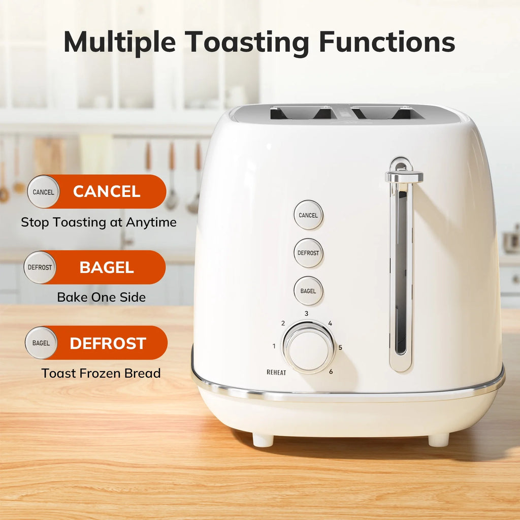 White Toaster, Retro 2 Slice Stainless Steel Toaster with Cancel, Defrost Fuction for Bread, Bagel, Wide Slots Revolution Toasters, Kitchen Appliances, Apartment Essentials Must Haves