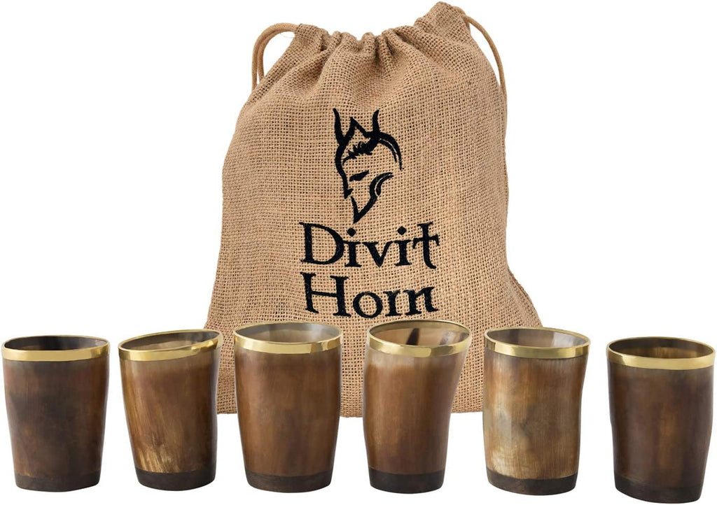 Divit Genuine Viking Drinking Horn Mug | Authentic Medieval Beer Horn Tankard | 24Oz Capacity Horn Cup/Stein. (Brown Shot Glass, Polished (Set of 6))