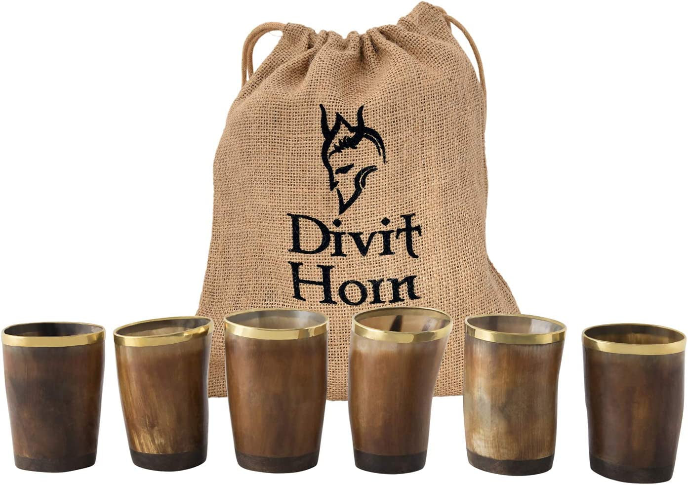 Divit Genuine Viking Drinking Horn Mug | Authentic Medieval Beer Horn Tankard | 24Oz Capacity Horn Cup/Stein. (Brown Shot Glass, Polished (Set of 6))