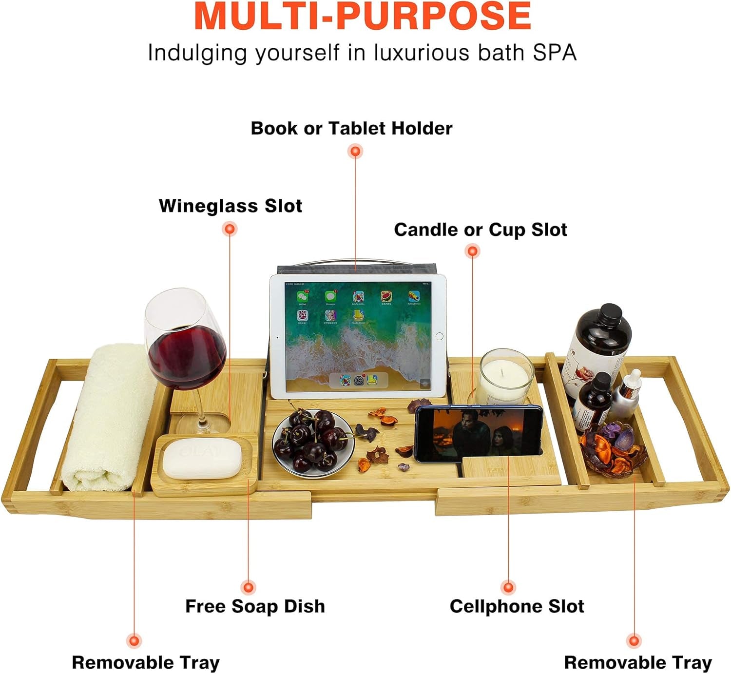 Bamboo Bathtub Caddy Tray, Expandable Bath Table over Tub for 1-2 Person, Luxury Bath & Bed Tray with Wineglass Book & Free Soap Holder (Natural)