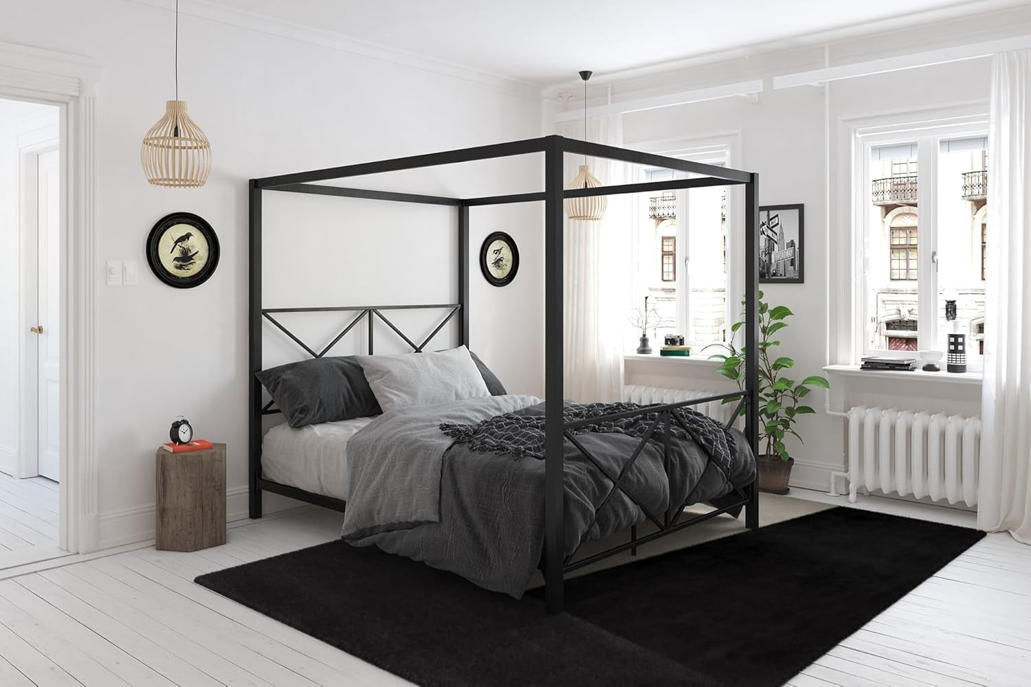 Rosedale Metal Canopy Bed Frame with Four Poster Design and Geometric Accented Headboard and Footboard, Underbed Storage Space, Queen, Black