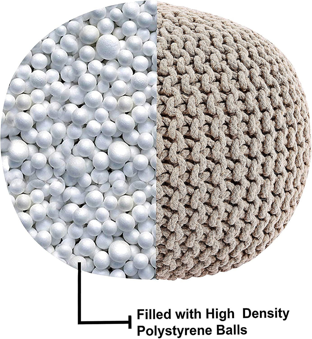 round Pouf Ottoman - Hand Knitted Cable Boho Poof Home Decor Pouffe Circular Footrest for Living Room - Bedroom - Lounge - 100% Cotton (19.5"X19.5"X14"; Beige)