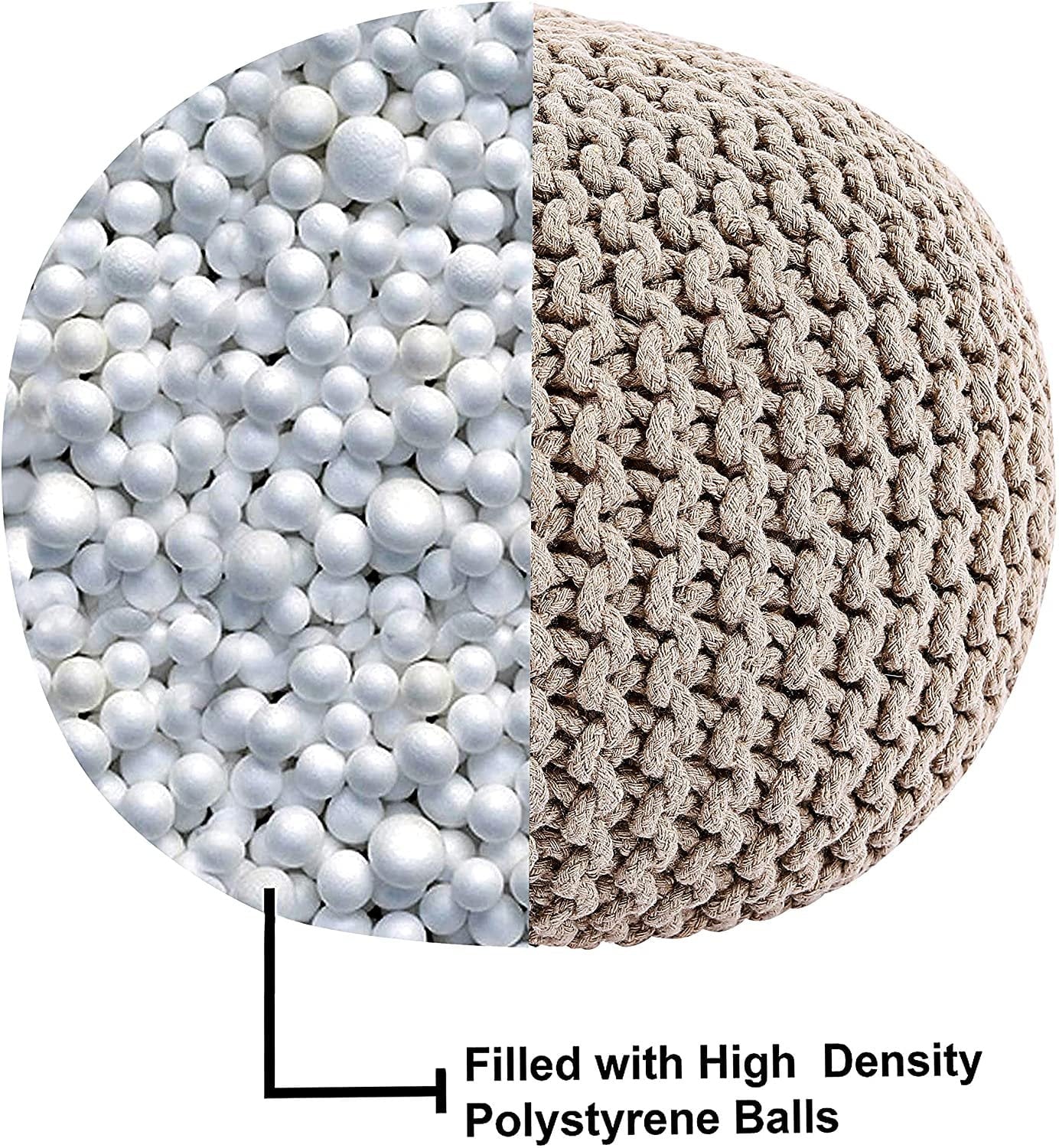 round Pouf Ottoman - Hand Knitted Cable Boho Poof Home Decor Pouffe Circular Footrest for Living Room - Bedroom - Lounge - 100% Cotton (19.5"X19.5"X14"; Beige)