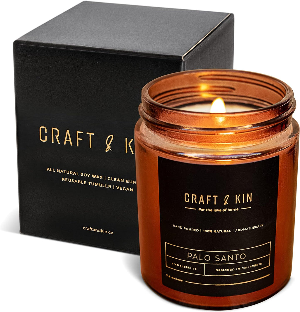 Craft and Kin Candle, Premium Scented Candles for Men & Women, Palo Santo Candles, Candle, Soy Candles for Home Scented, 8 Oz 45 Hour Burn, Fall Candles for Home in Amber Jar