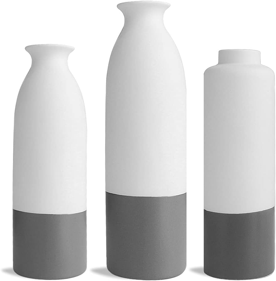 Set of 3 White Gray Ceramic Vase 7.8In 8In 9.8In Flower Vase Bottles for Home Décor Office Decoration Wedding Special Occasion Dried Floral Arrangements