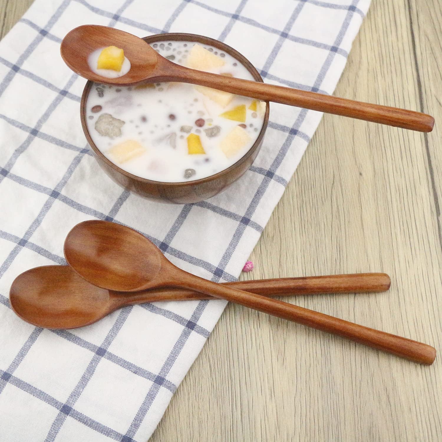 Wooden Spoons, 6 Pieces 9 Inch Wood Soup Spoons for Eating Mixing Stirring, Long Handle Spoon with Japanese Style Kitchen Utensil,  Eco Friendly Table Spoon