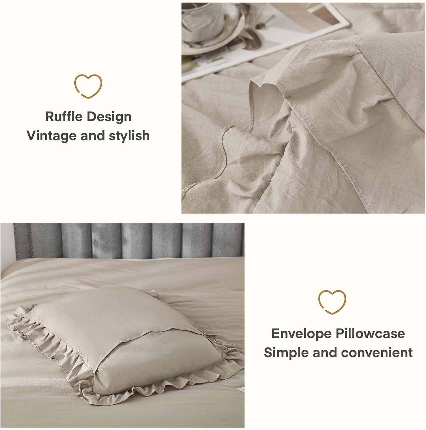 Wheat Ruffled Comforter King(104X90Inch), 3 Pieces(1 Ruffle Comforter and 2 Pillowcases) Vintage Ruffle Fringe Comforter, Farmhouse Rustic Microfiber down Alternative Bedding Comforter Set