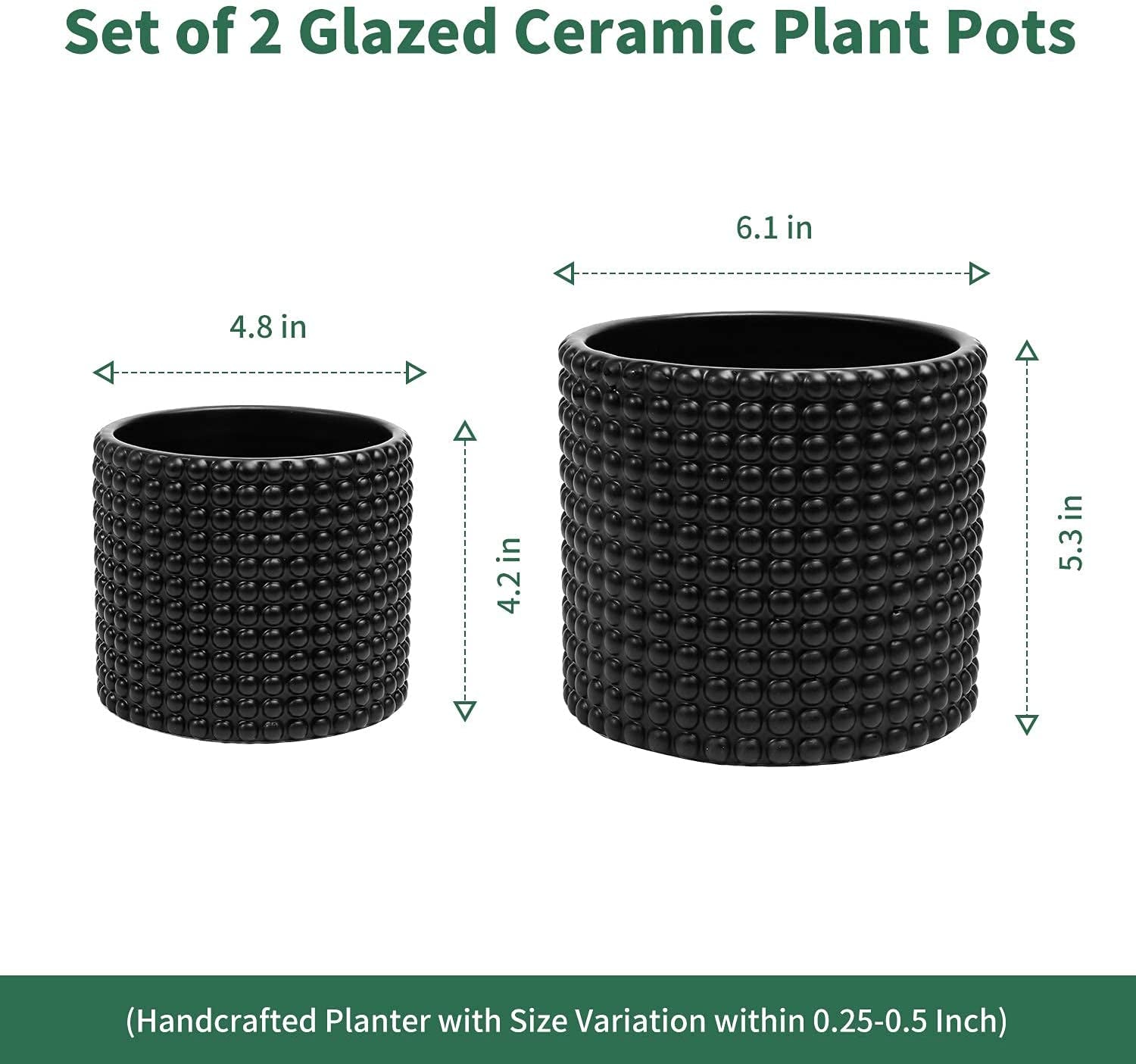 Black Ceramic Vintage Style Hobnail Patterned Planter Pots 6 and 5 Inch Containers with Watering Drain Plug for Indoor Succulent Plants or Flowers