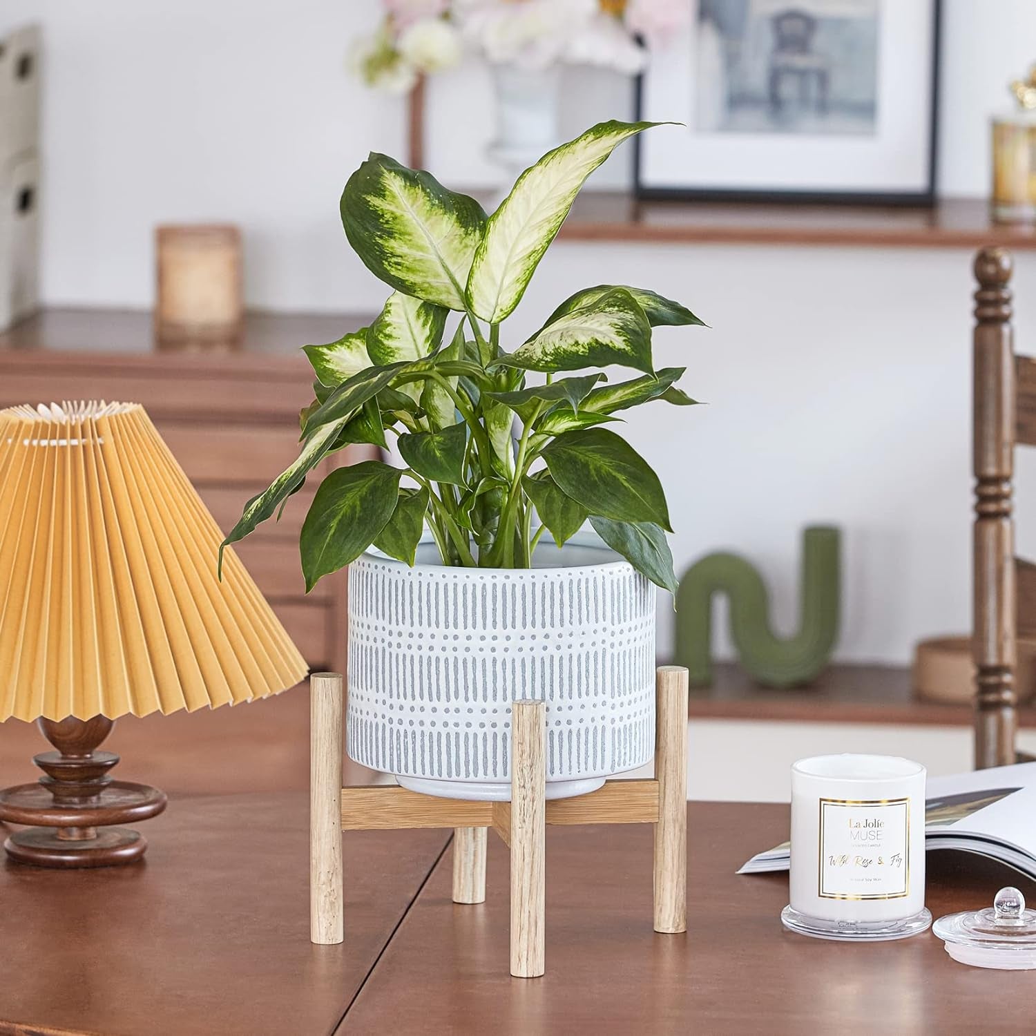 Ceramic Plant Pot with Wood Stand - 7.3 Inch Modern round Decorative Flower Pot Indoor with Wood Planter Holder, Slate Blue and White