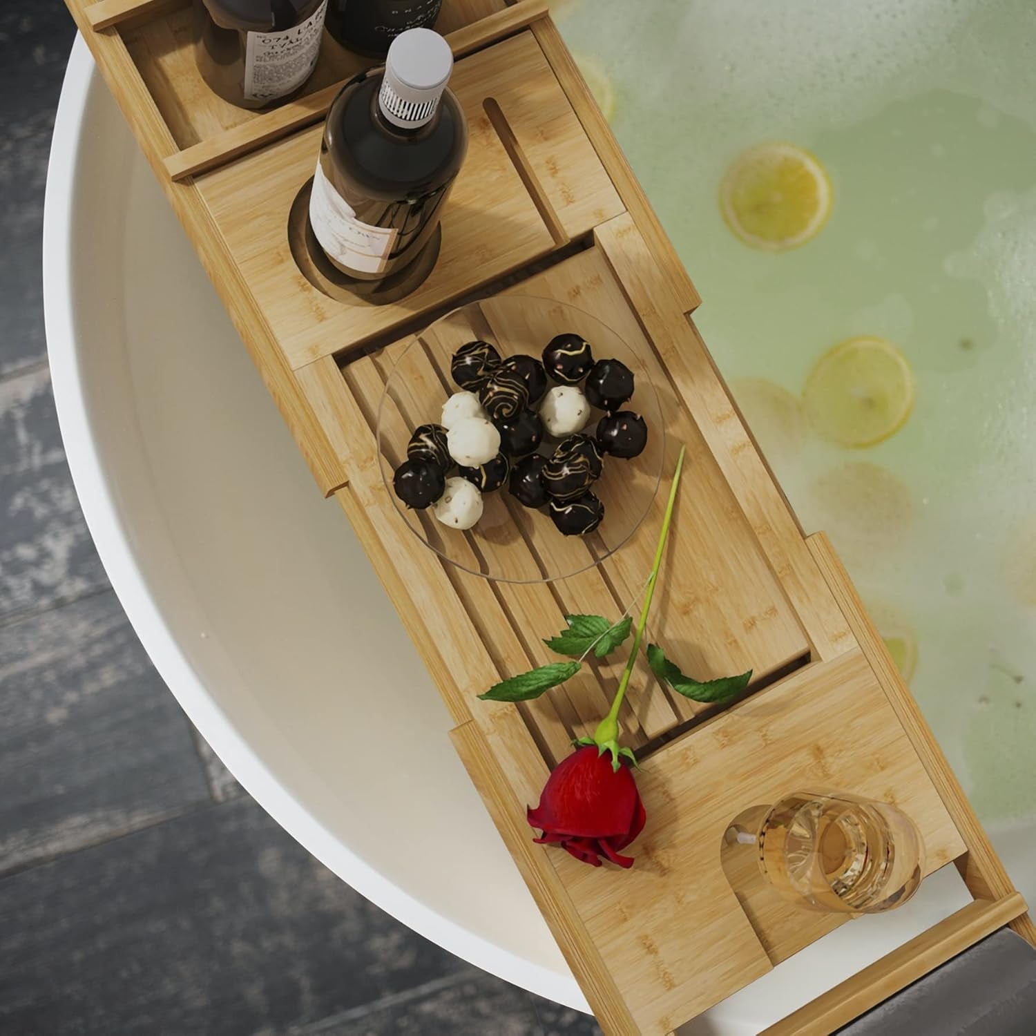 Bamboo Bathtub Caddy Tray, Expandable Bath Table over Tub for 1-2 Person, Luxury Bath & Bed Tray with Wineglass Book & Free Soap Holder (Natural)