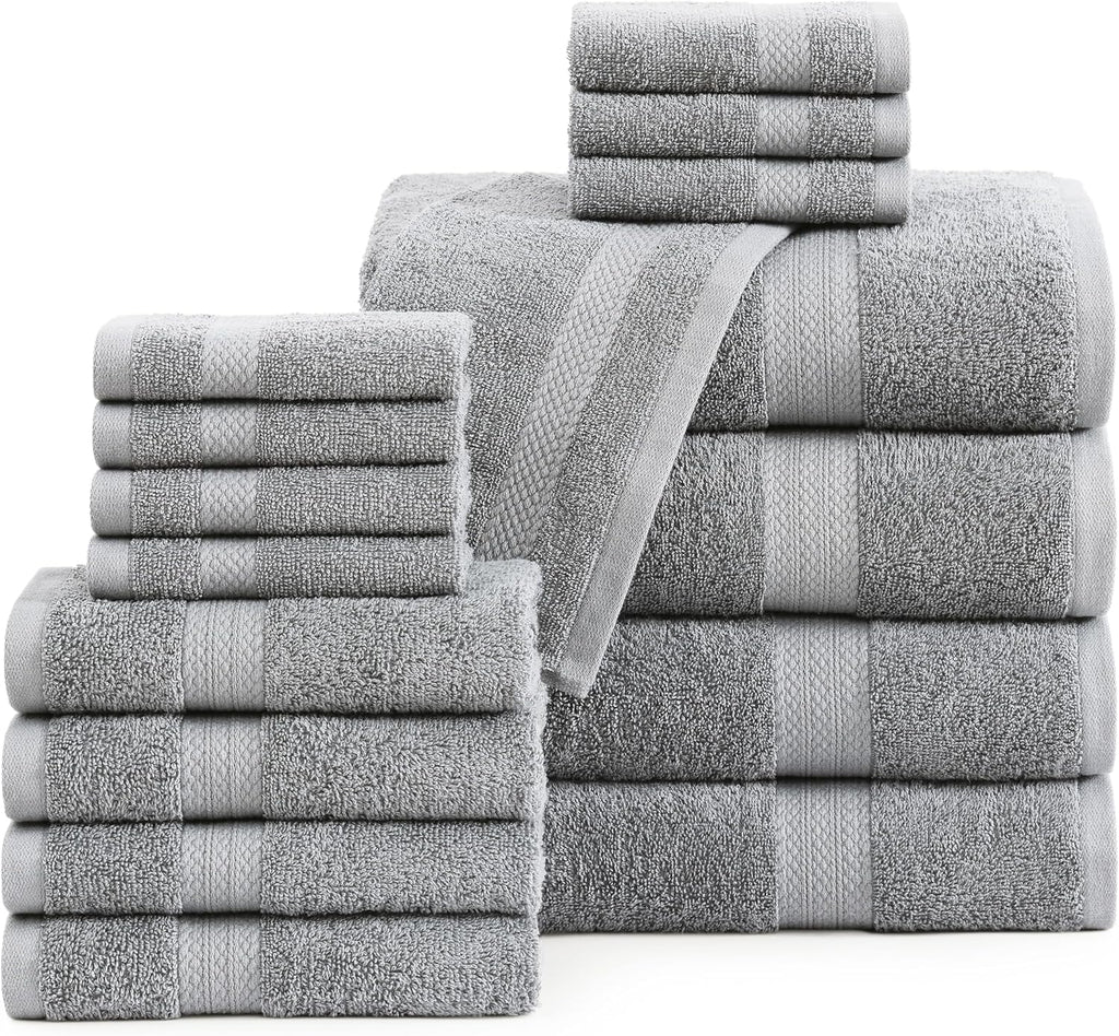 16 PC Luxury Grey Cotton Bath Towel Set - Highly Absorbent Bath, Hand and Wash Towels