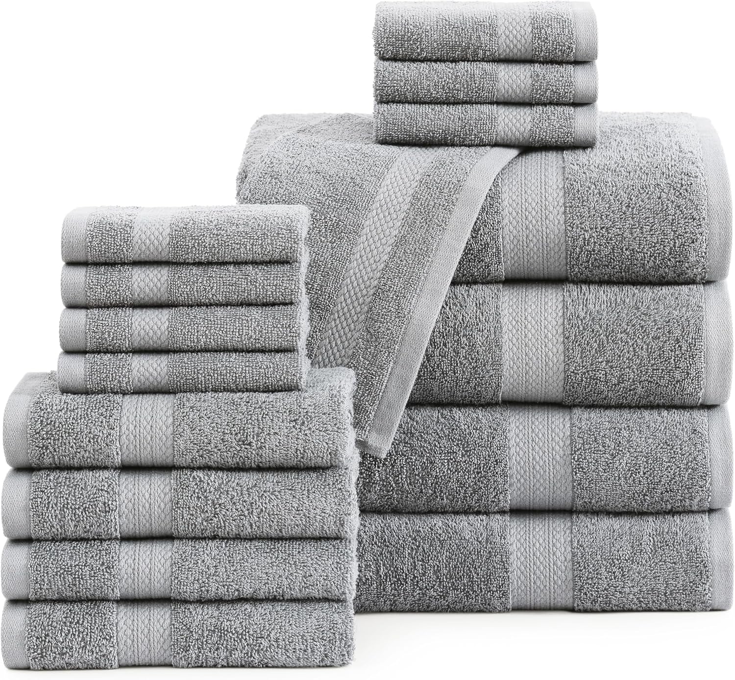 16 PC Luxury Grey Cotton Bath Towel Set - Highly Absorbent Bath, Hand and Wash Towels