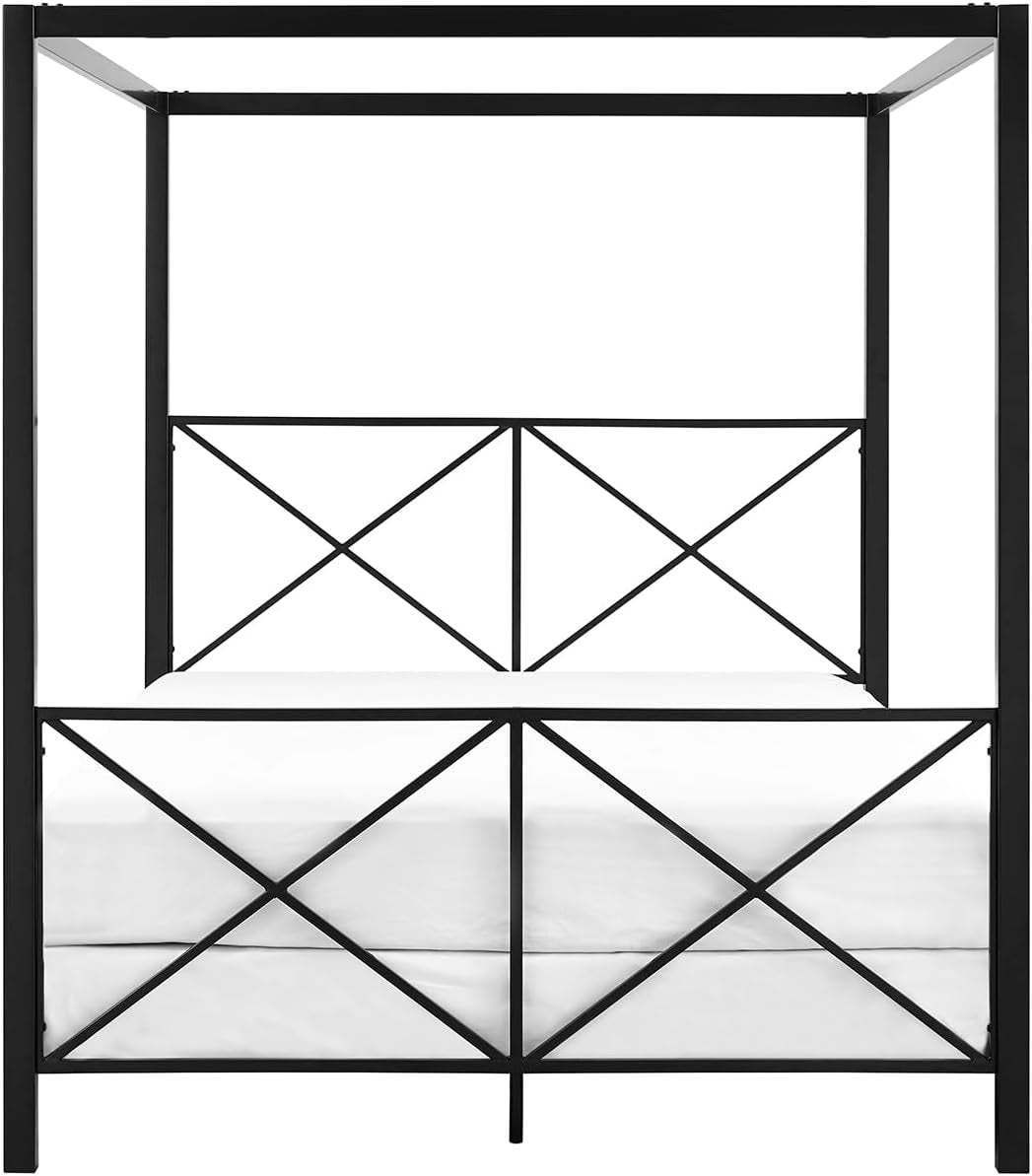 Rosedale Metal Canopy Bed Frame with Four Poster Design and Geometric Accented Headboard and Footboard, Underbed Storage Space, Queen, Black