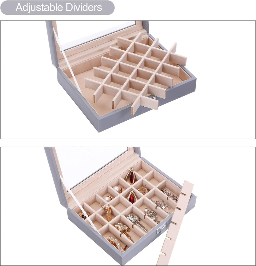 Earring Jewelry Box 24 Slots Earring Holder Organizer for Girls Women Gifts Jewelry Box for Earrings Display Storage Case with Clear Glass Top Grey SSH17H