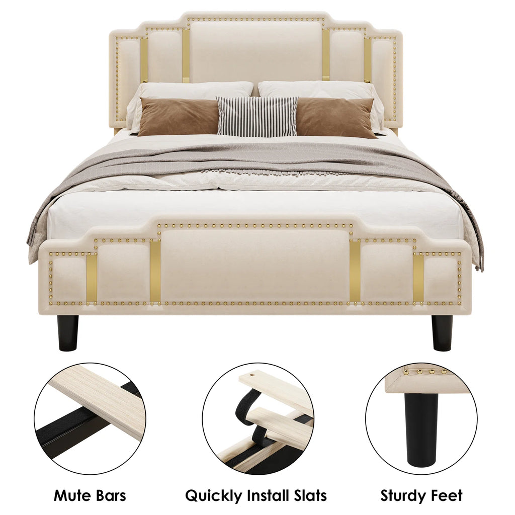 Queen Bed Frame, Luxury Velvet Upholstered Headboard with Golden Iron Sheet & Rivets, Platform Bed with Adjustable Headboard, White