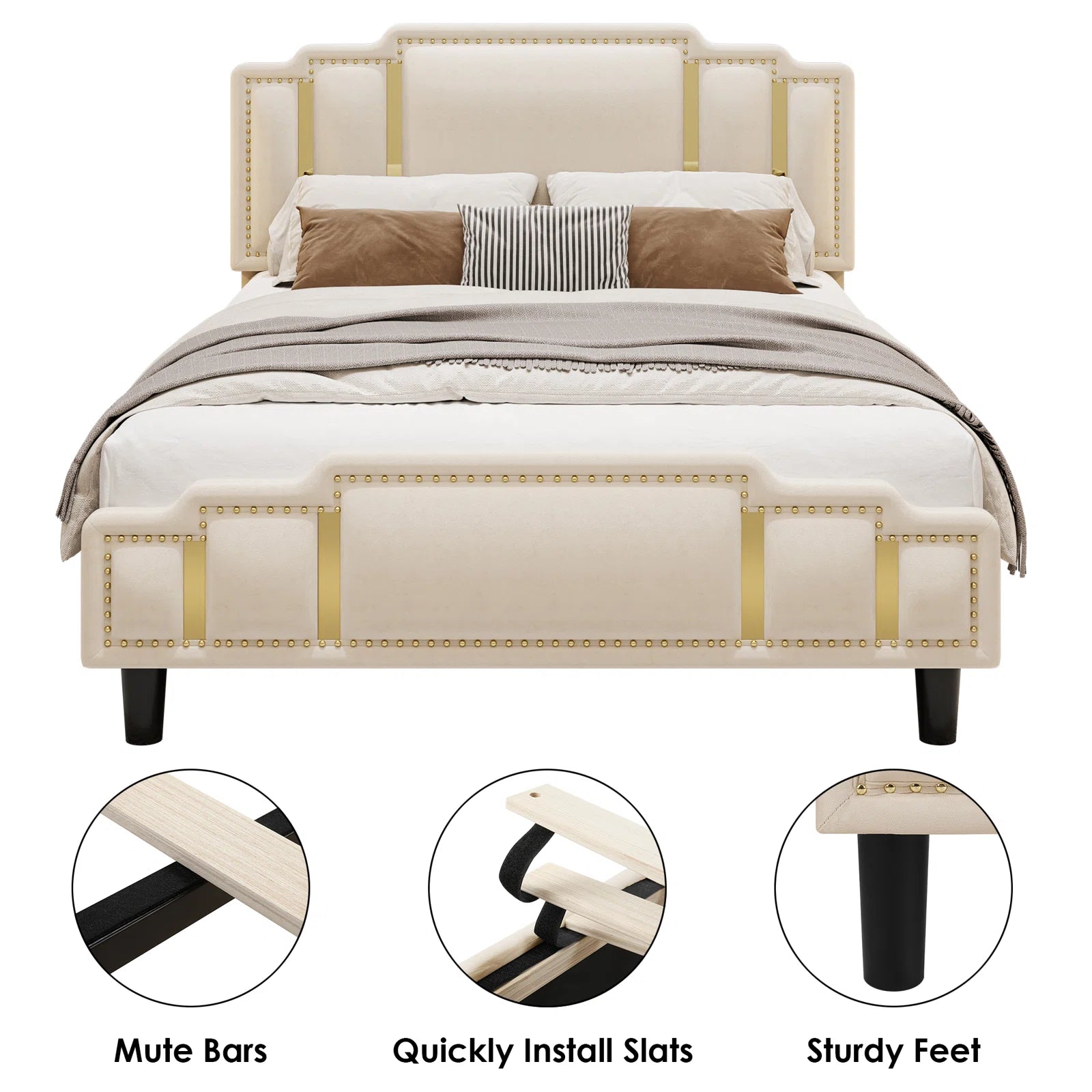 Queen Bed Frame, Luxury Velvet Upholstered Headboard with Golden Iron Sheet & Rivets, Platform Bed with Adjustable Headboard, White