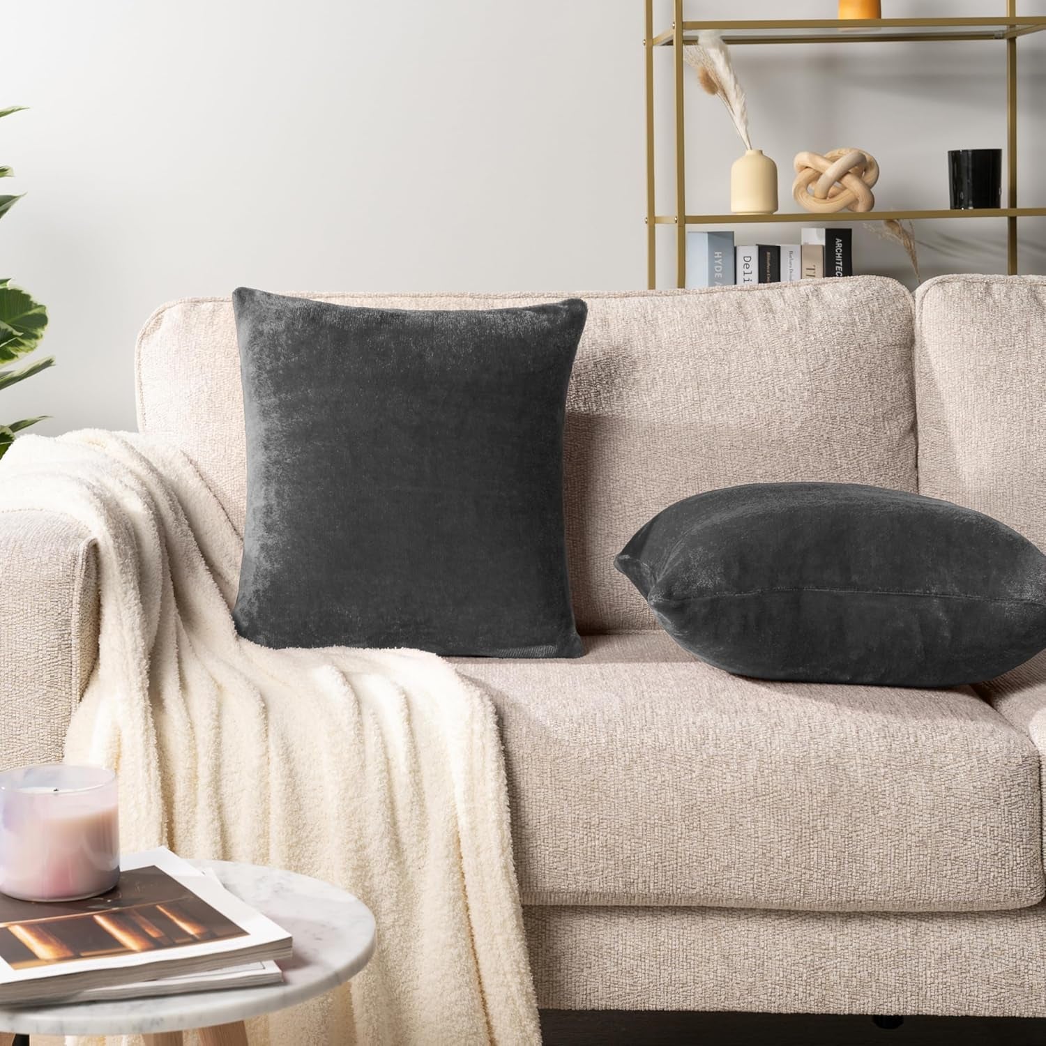 Dark Gray Throw Pillow Covers 18X18 Set of 2, Decorative Pillow Cases for Bed Sofa Couch, Boho Aesthetic Accent Decor Cushion for Bedroom Living Room, Velvet Square Euro Sham Covers, Dark Grey