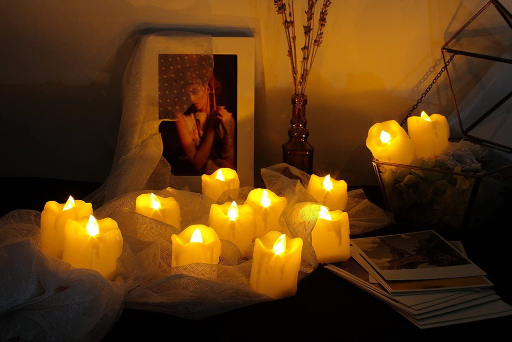 Battery Operated Flameless Votive Candles Realistic Flickering Fake Electric LED Tea Lights Set Bulk Wedding Party Halloween Christmas Decorations Table Centerpieces Batteries Incl 24PCS