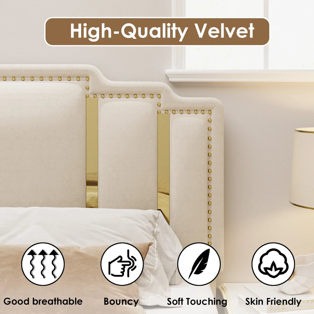 Queen Bed Frame, Luxury Velvet Upholstered Headboard with Golden Iron Sheet & Rivets, Platform Bed with Adjustable Headboard, White