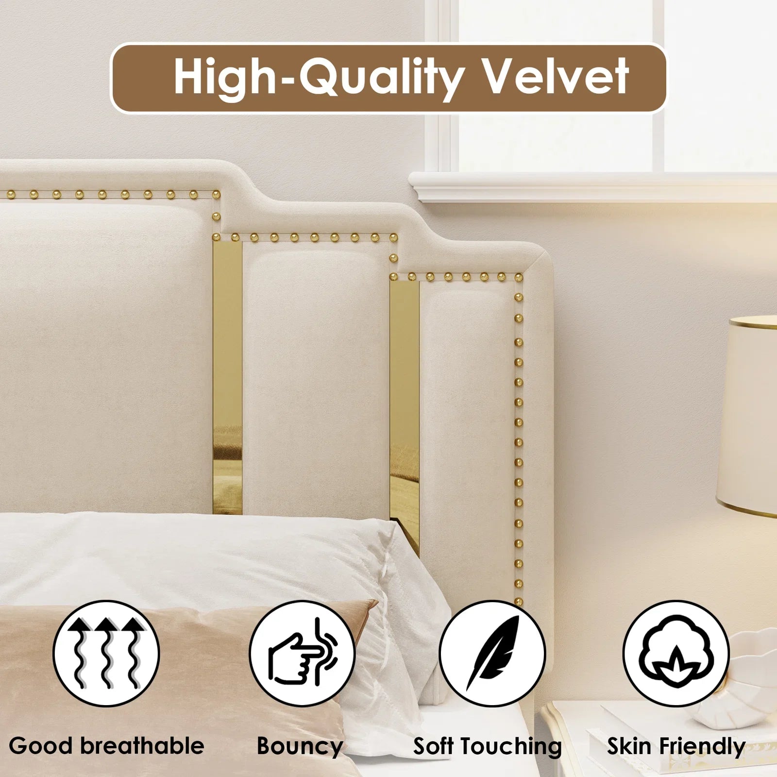 Queen Bed Frame, Luxury Velvet Upholstered Headboard with Golden Iron Sheet & Rivets, Platform Bed with Adjustable Headboard, White