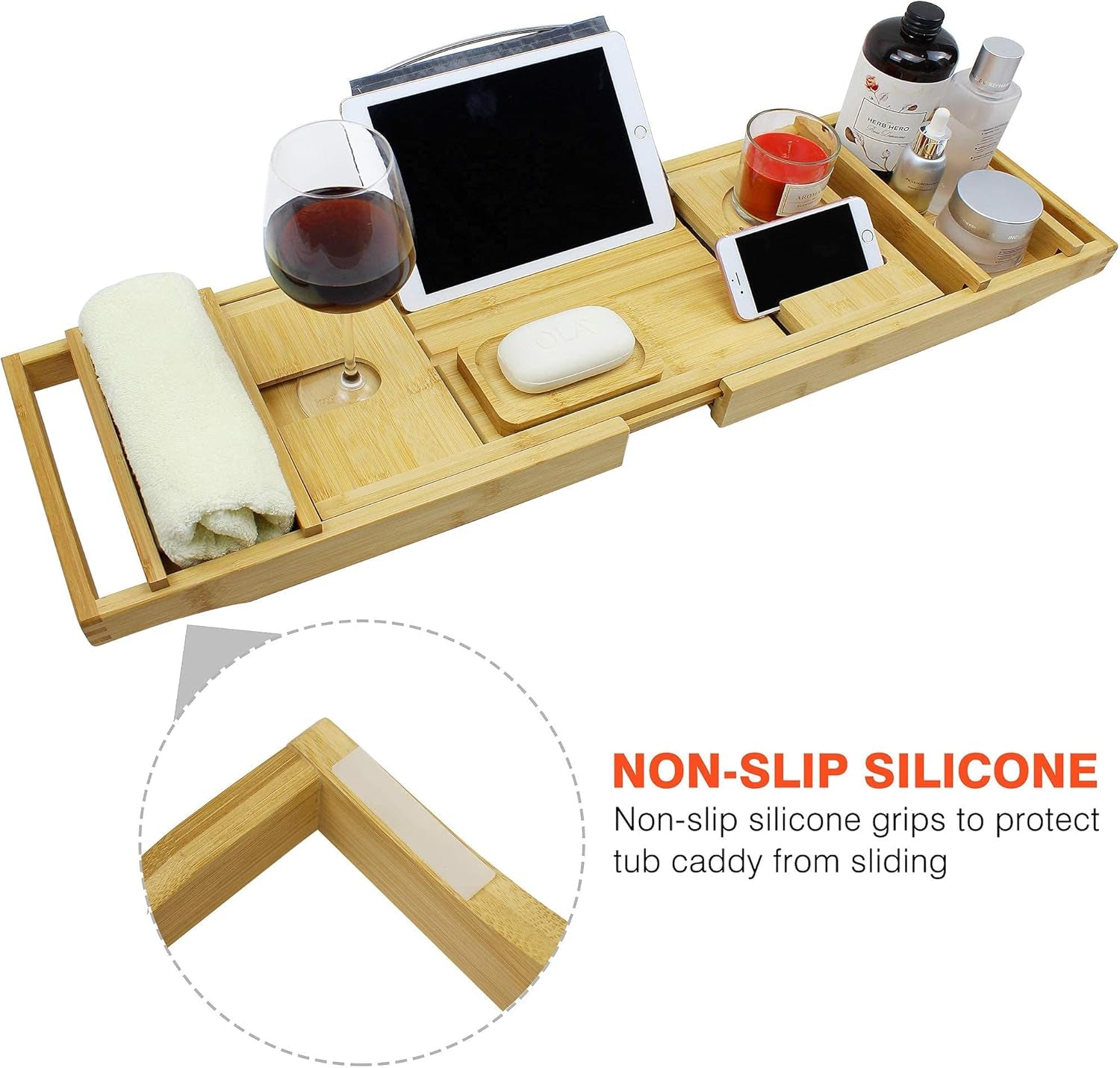 Bamboo Bathtub Caddy Tray, Expandable Bath Table over Tub for 1-2 Person, Luxury Bath & Bed Tray with Wineglass Book & Free Soap Holder (Natural)