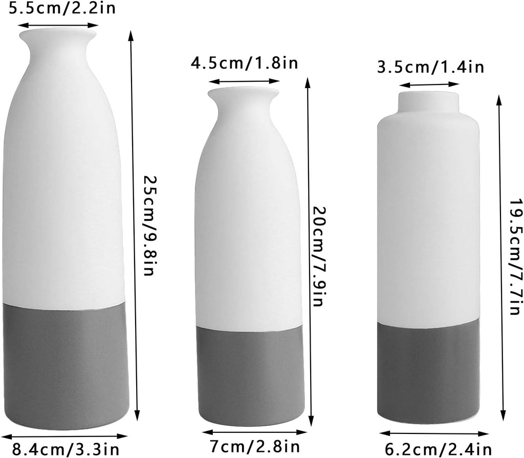 Set of 3 White Gray Ceramic Vase 7.8In 8In 9.8In Flower Vase Bottles for Home Décor Office Decoration Wedding Special Occasion Dried Floral Arrangements