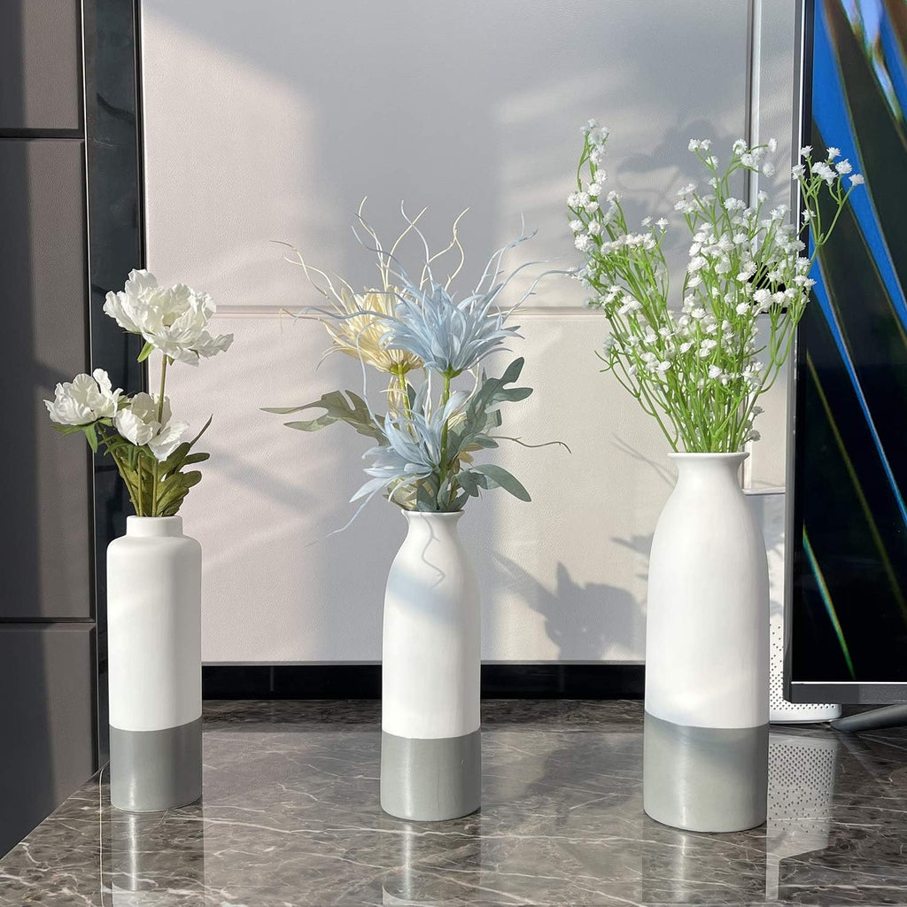 Set of 3 White Gray Ceramic Vase 7.8In 8In 9.8In Flower Vase Bottles for Home Décor Office Decoration Wedding Special Occasion Dried Floral Arrangements