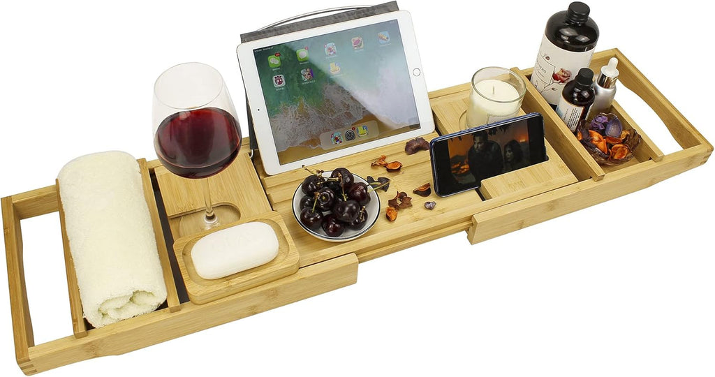 Bamboo Bathtub Caddy Tray, Expandable Bath Table over Tub for 1-2 Person, Luxury Bath & Bed Tray with Wineglass Book & Free Soap Holder (Natural)