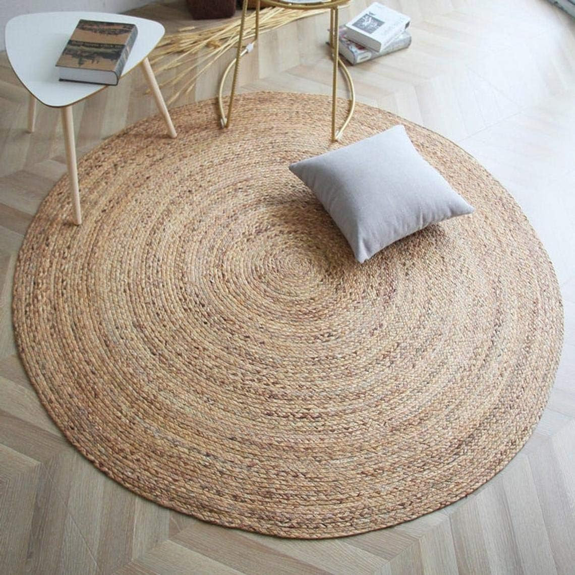 Handwoven Jute Area Rug - 3 Feet round - Natural Yarn - Rustic Vintage Beige Braided Reversible Rug - Eco Friendly Rugs for Bedroom - Kitchen - Living Room - Farmhouse (3' Round)