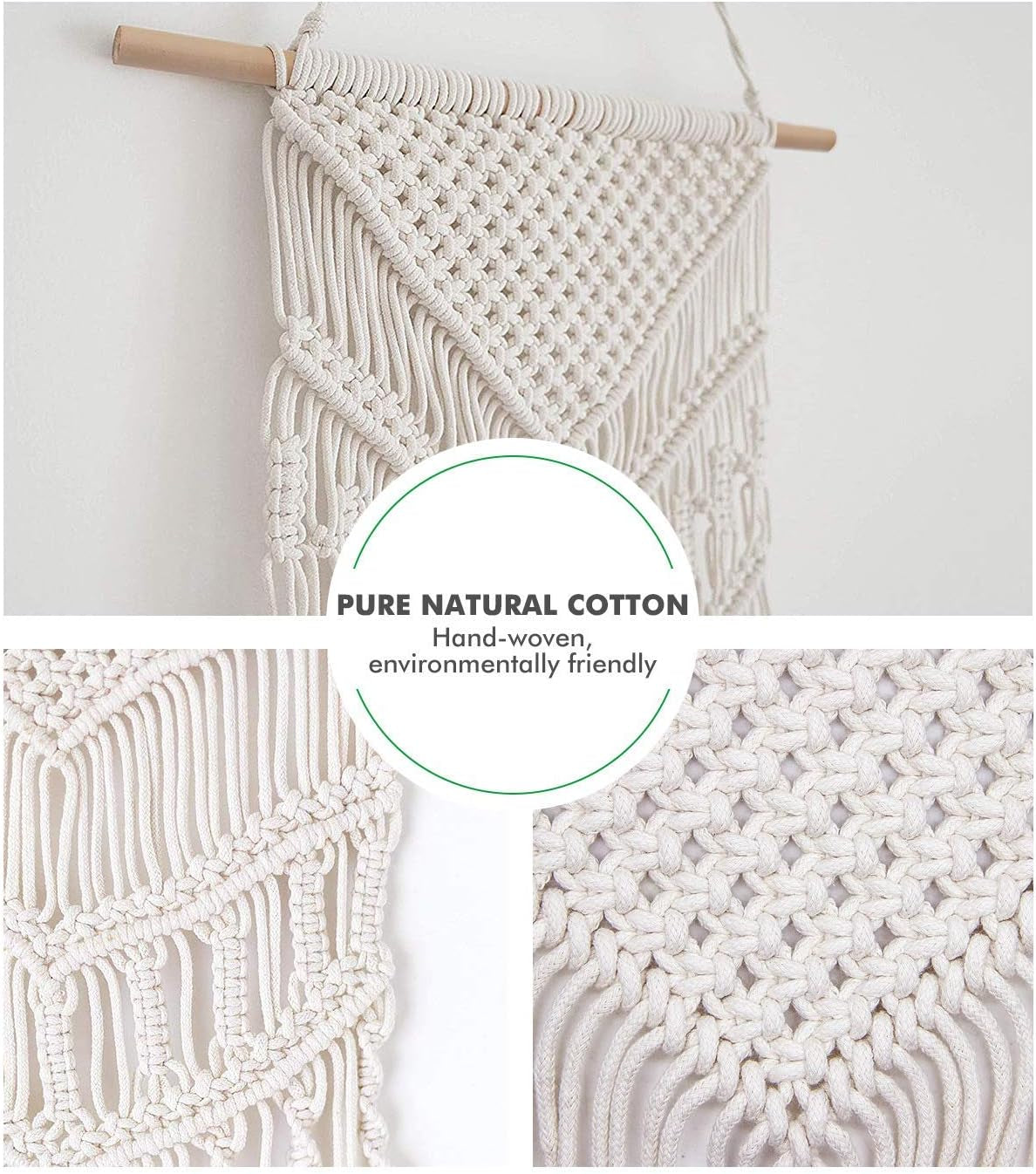 Macrame Wall Hanging Woven Boho Chic Wall Decor, Beautiful Geometric Wall Art for Apartment Dorm Bedroom Living Room Home Decoration, 16" W X 33" L