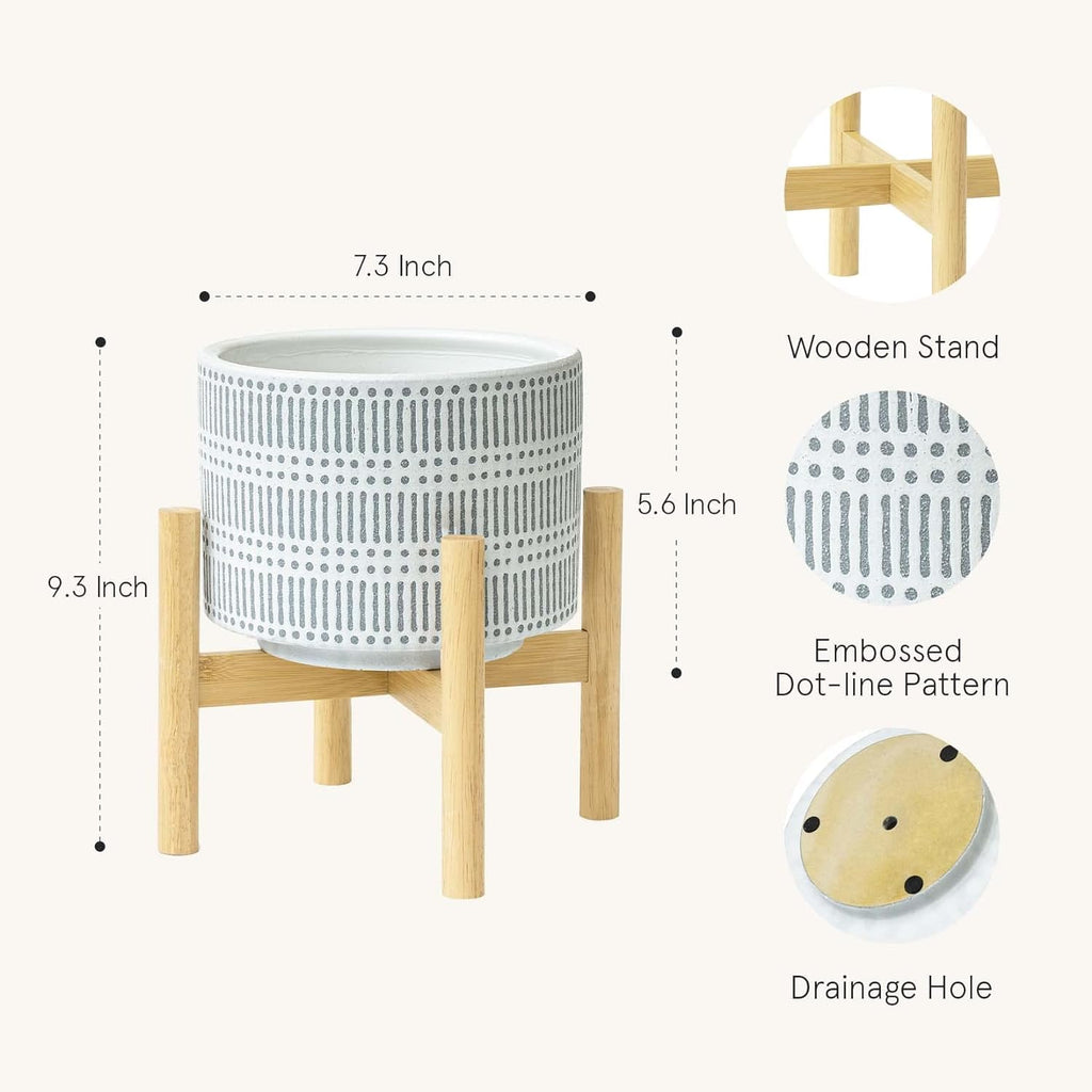 Ceramic Plant Pot with Wood Stand - 7.3 Inch Modern round Decorative Flower Pot Indoor with Wood Planter Holder, Slate Blue and White
