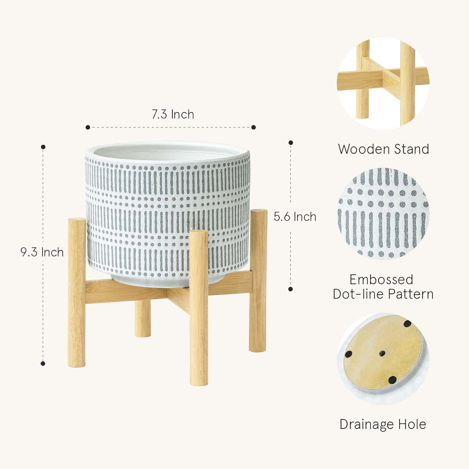 Ceramic Plant Pot with Wood Stand - 7.3 Inch Modern round Decorative Flower Pot Indoor with Wood Planter Holder, Slate Blue and White