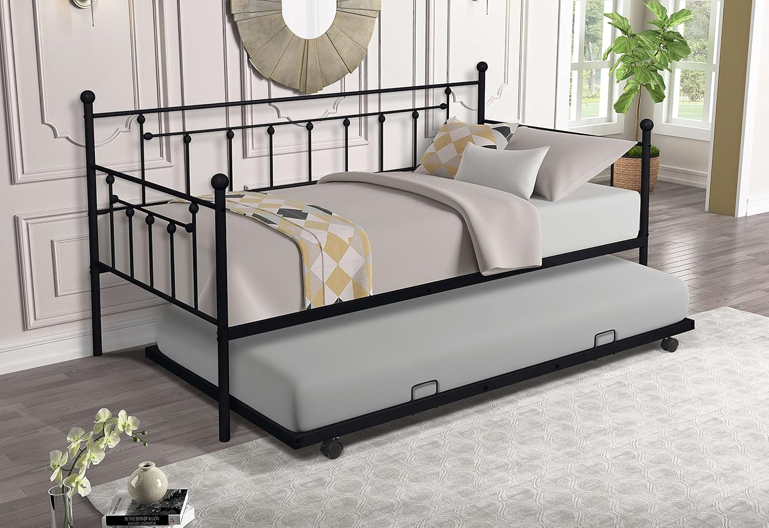 Twin Size Metal Frame Daybed with Trundle,Heavy Duty Steel Slat,Bedroom Living Room Furniture for Guest,Space Saving,No Box Spring Needed