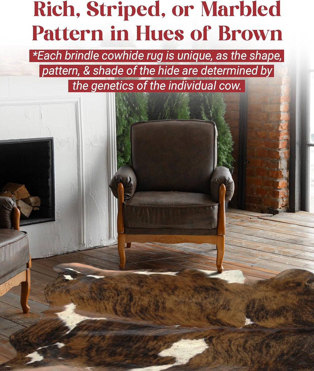 Brown Brindle Cowhide Rug Premium Cow Skin Rug with Unique Brown, Black & White Pattern - Natural Cowhide Rug Made Tanned Leather Cow Hides - Cow Hide Rugs 6X7 Ft