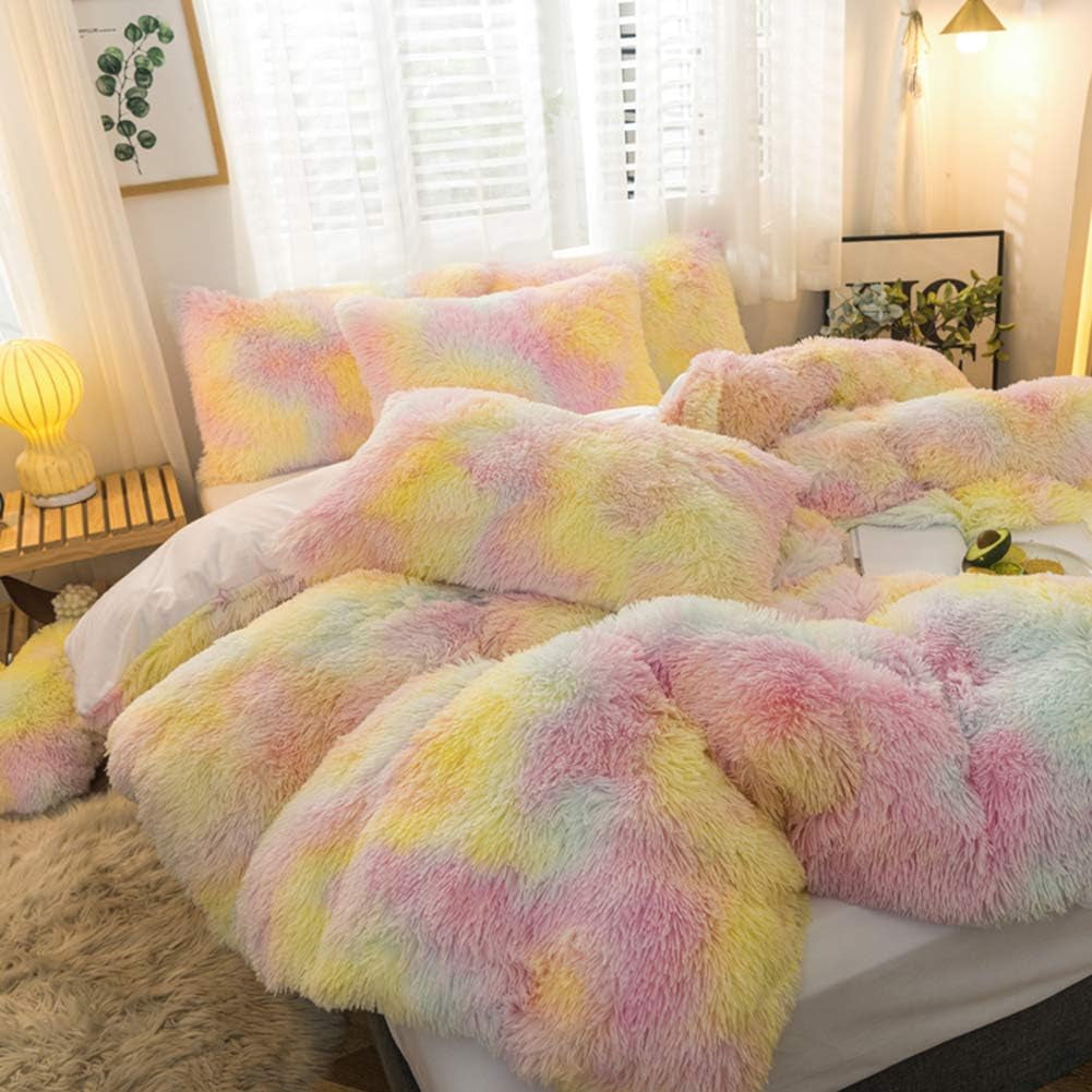 5 PCS Plush Shaggy Duvet Cover Sets, Luxury Shag Fluffy Comforter Cover Fuzzy Bedding Set - Long Faux Fur Ultra Soft Cozy (Ice Cream, King/California King)